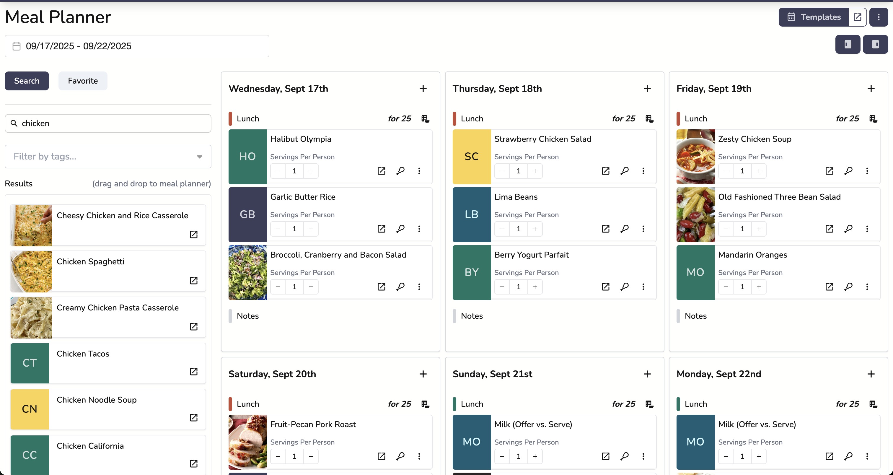Meal Planning Interface showing weekly meal organization